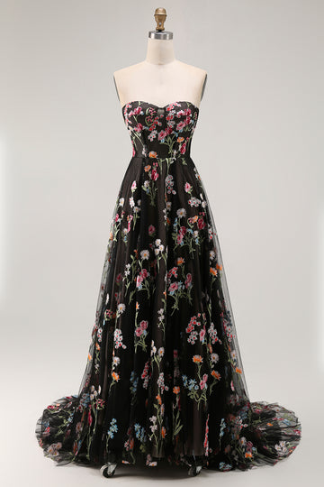 Strapless Black Floral A Line Long Prom Dress